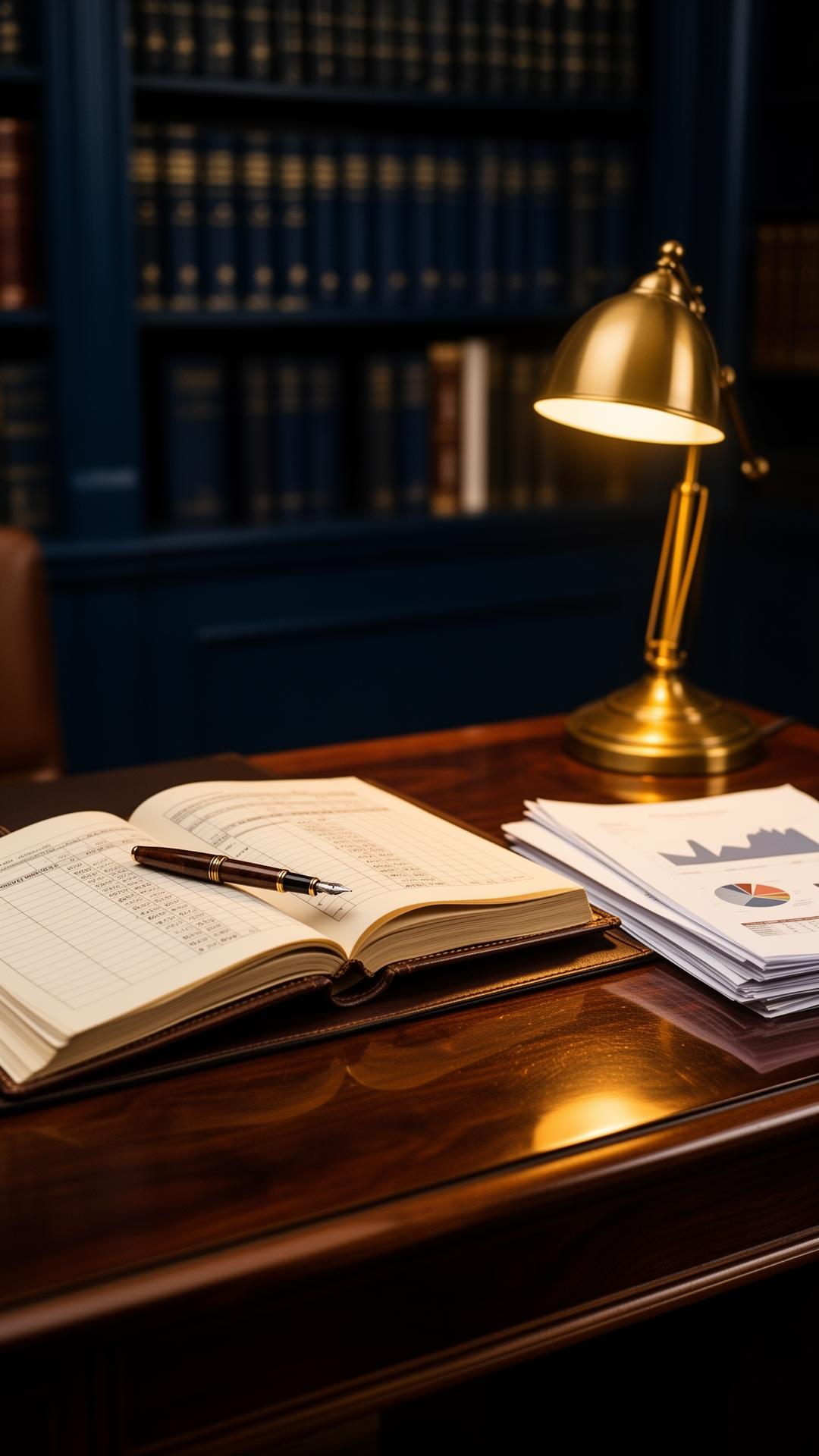 Elegant accountant's desk with leather ledger and brass lamp
